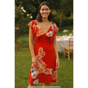 ROBERTO CAVALLI CLASS VESTITO JERSEY DRESS ORANGE FLORAL RUFFLE SLEEVE NWT 6